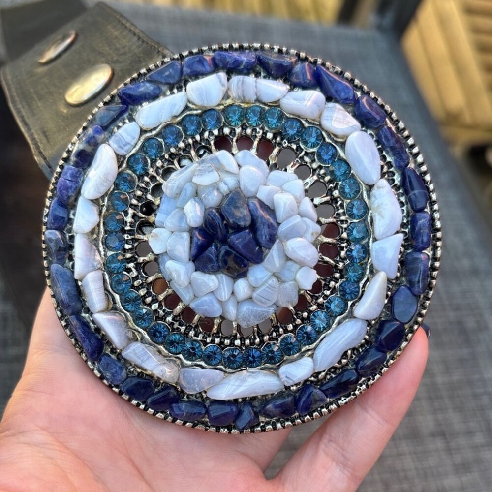 Bohemian Statement Belt Mosaic Stone & Crystal Buckle Leather handmade in 🇮🇪